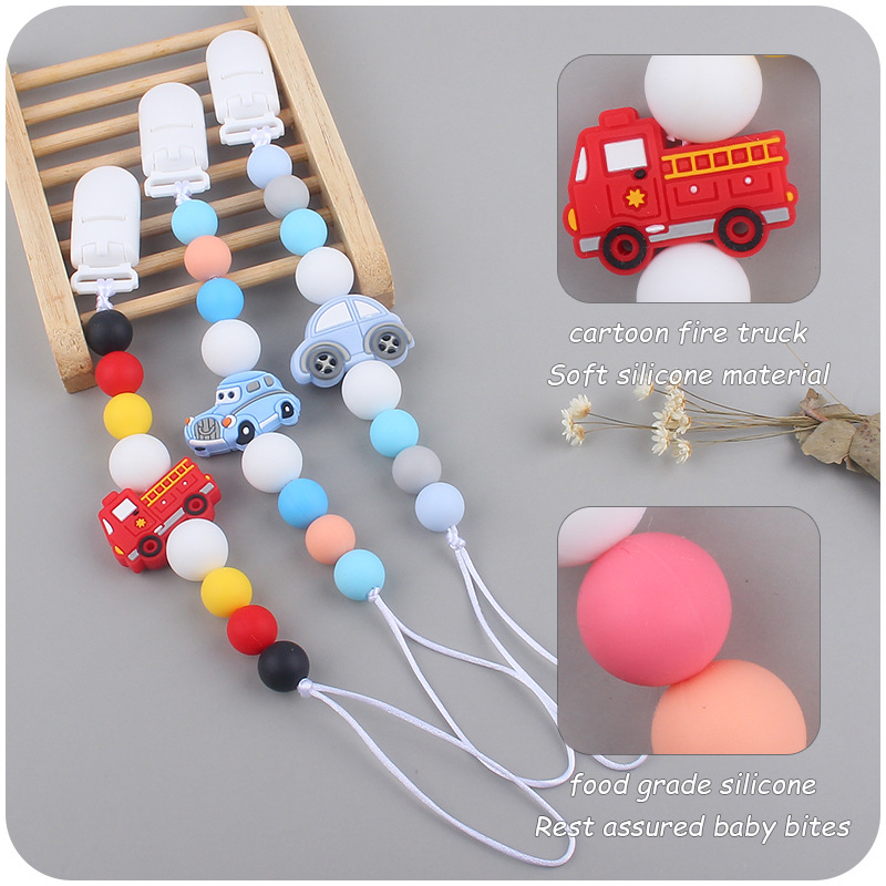Bebé chupete de plástico clip DIY bebé chupete Cadena de dibujos animados camión de bomberos chupete cuerda de silicona Amazon