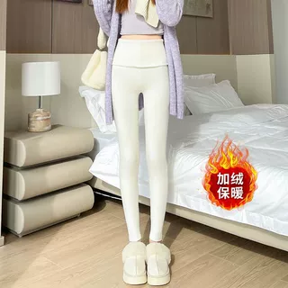 杏色加绒保暖翻腰软糯针织打底裤女秋冬季高腰紧身弹力外穿小脚裤