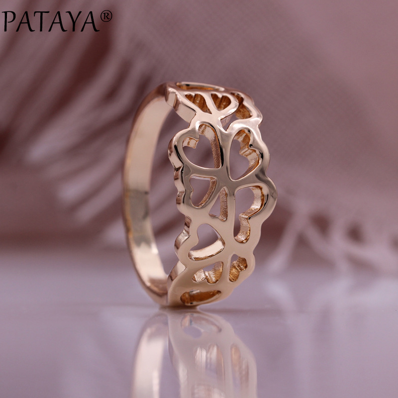 Pataya New Cut Out Heart Ring 585 Rose Gold Red Gold Color-Preserving Simple and Cute Girls Wedding Ring