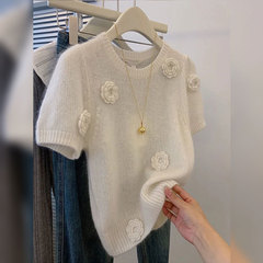 フランス風気質優しい風白い立体花シャツ上着デザイン感ニット半袖正肩tシャツ女