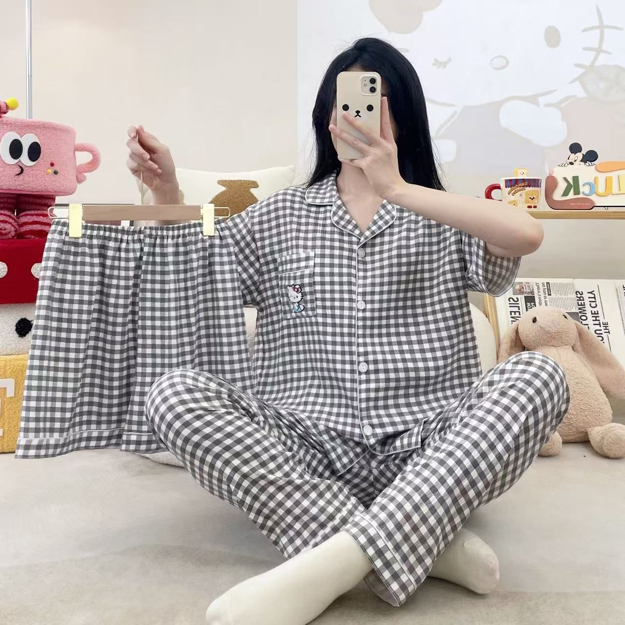 Venta al por mayor transfronteriza 120g pijamas de algodón de nube de verano de manga corta para mujer pantalones cortos de algodón de nube de verano de tres piezas servicio a domicilio de dibujos animados