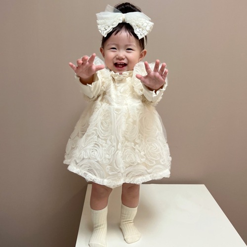 Korean style baby girl's style three-dimensional flower mesh puff sleeve dress ins soft cotton princess dress for small and medium-sized children