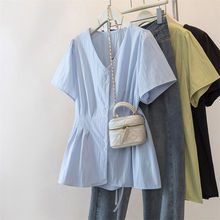 工厂出口女装法式v领收腰短袖衬衣女胖妹妹休闲显瘦遮肚藏肉上衣