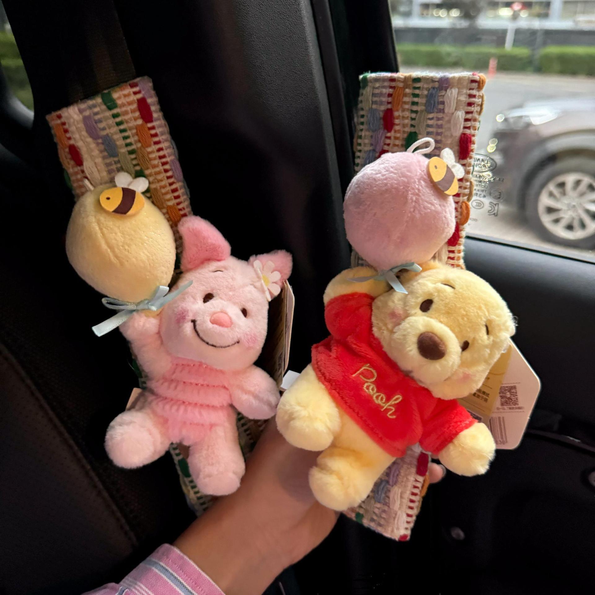 Authentic Pooh Piglet Cartoon Stuffed Doll Car Seat Belt Shoulder Cover for Sisters Cute New Car Gift