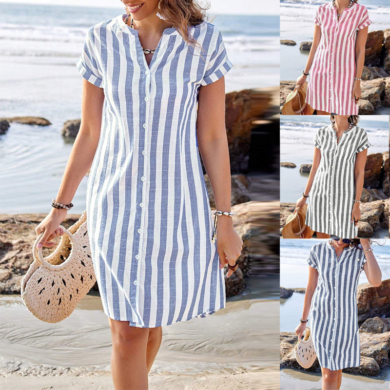 Amazon Cross-Border 2026 Summer Women's Fashion Loose Casual Stylish Striped Shirt Top