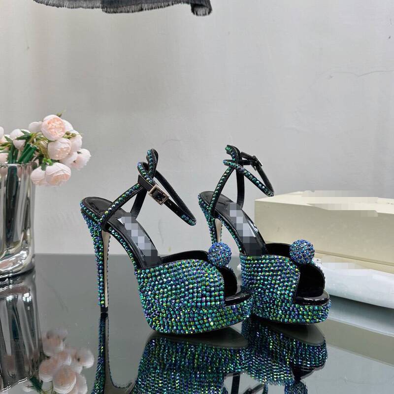 New Foreign Trade Model, Fully Handmade Rhinestone Stiletto High Heel Sandals with Waterproof Platform, Suitable for Banquets and Weddings, Women's High Heels Sandals
