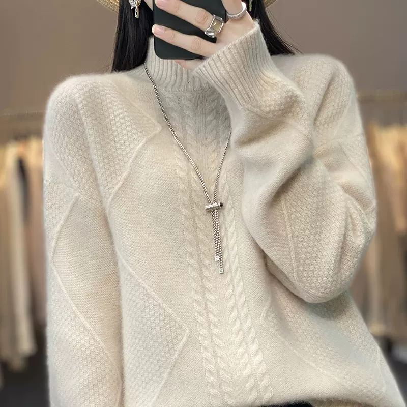 2024秋冬季加厚软糯宽松套头毛衣女慵懒风休闲百搭半高领针织衫女