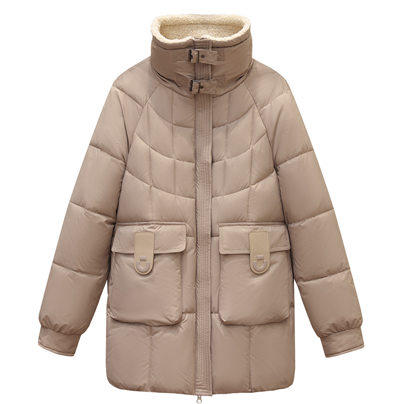 2025 invierno nuevo cuello suelto de costura media larga gran bolsillo delgado estilo coreano de alta sensación abrigo de plumón image 5
