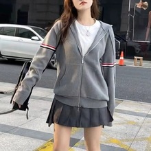 TB学院风袖标彩条双拉链连帽针织开衫女设计感大口袋长袖毛衣外套