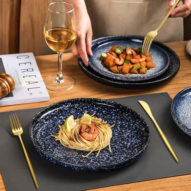 Cruz-Frontera de acero inoxidable vajilla portugués cuchillo y tenedor conjunto de 30 piezas de comida occidental cuchillo de filete de oro y cuchara de la caja de regalo