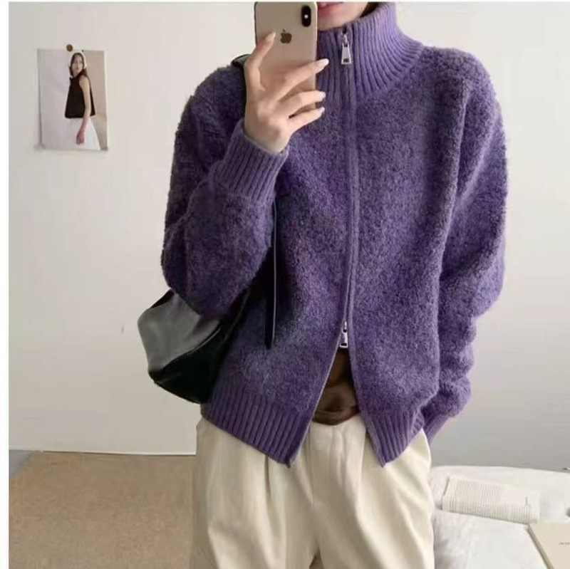 2026 Zipper Knit Cardigan Sweater Coat, Stand Collar, Loose Fit, Thickened Lamb Wool, Warm, New Lazy Korean Style 2026 Zipper Knit Cardigan Sweater Coat, Stand Collar, Loose Fit, Thickened Lamb Wool, Warm, New Lazy Korean Style