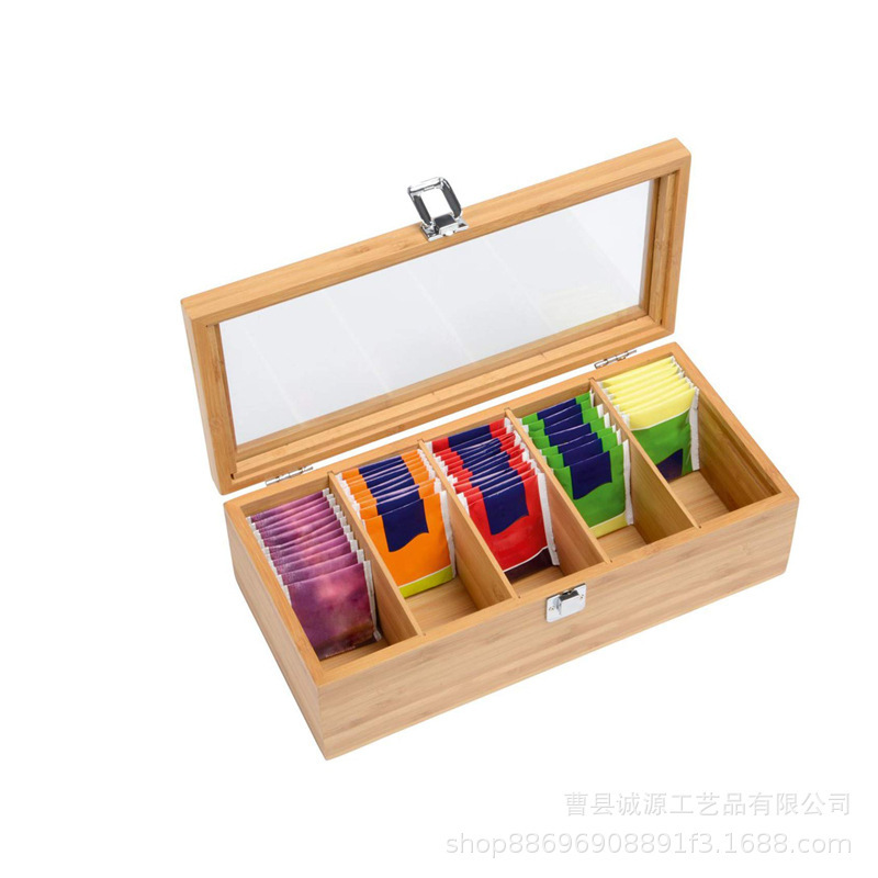 Bamboo Five-Compartment Multi-Purpose Tea Box, Simple New Style Multifunctional Storage Box, Direct Sales from the Manufacturer, Creative Wooden Design