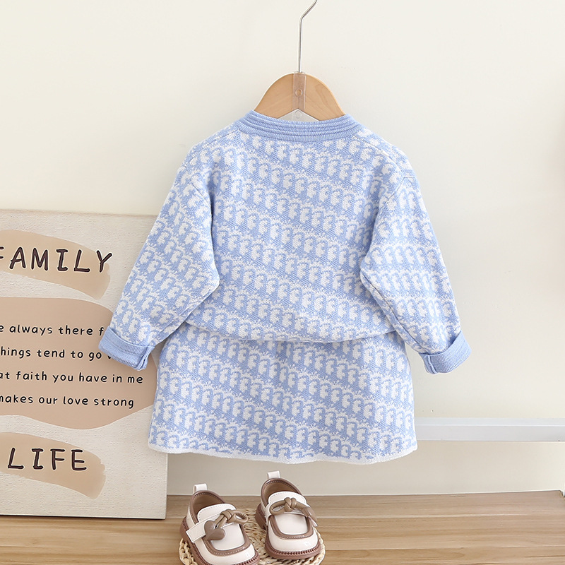 Children's Sweater Skirt Small Fragrant Wind Women's Autumn and Winter New Bow Two piece Set Long sleeved Cardigan_voghion.com