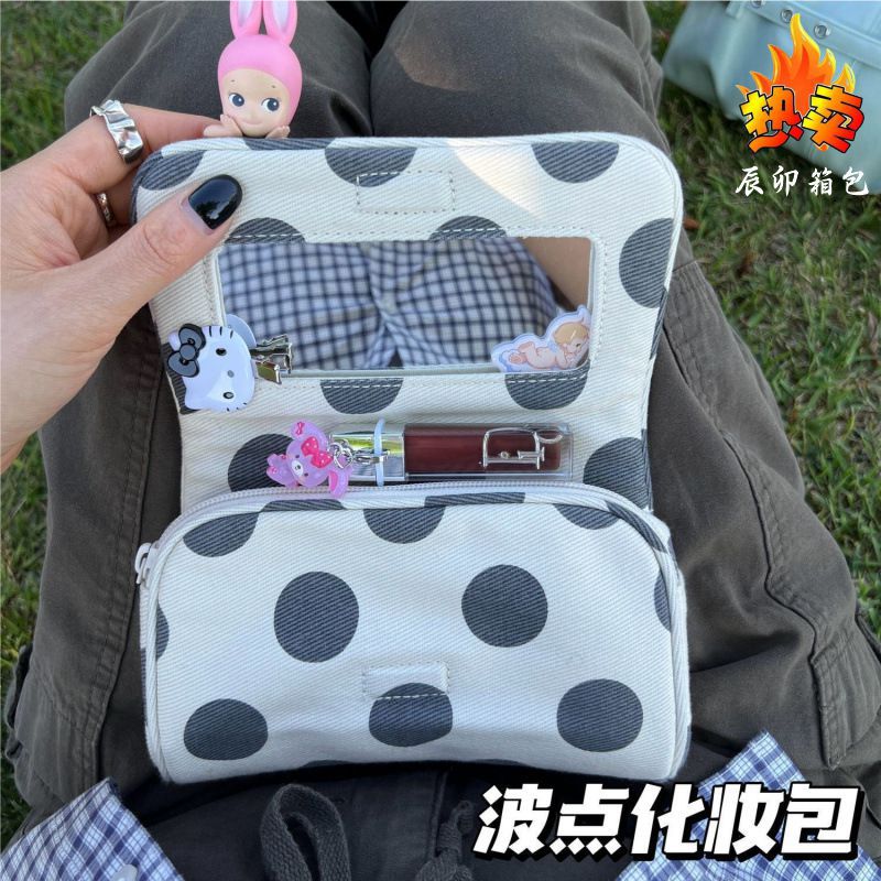Chenmao Korean-Style Large Polka Dot Canvas Makeup Bag, Large Capacity, High Aesthetic Value, Ins-Style Portable Travel Storage Bag
