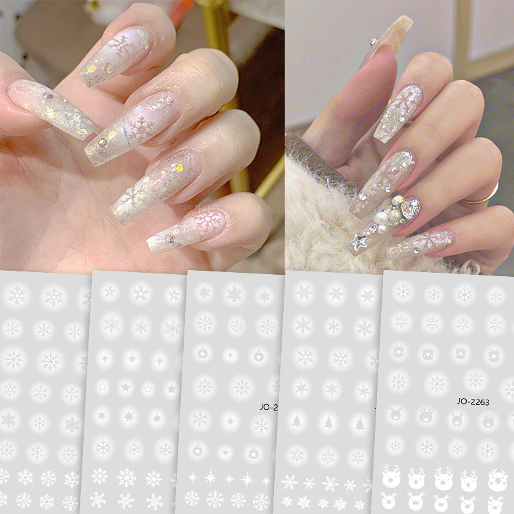 Christmas white gradient blooming hollow snowflake 3d nail stickers Internet celebrity new 2022 autumn and winter new nail stickers