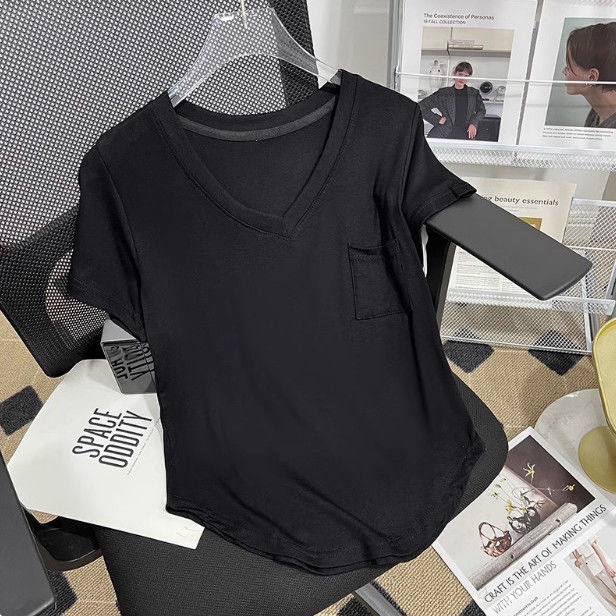 Camiseta de cuello en V de manga corta de gran tamaño para mujeres de verano nuevo diseño nicho coreano delgado bolsillo irregular blusa suelta image 5