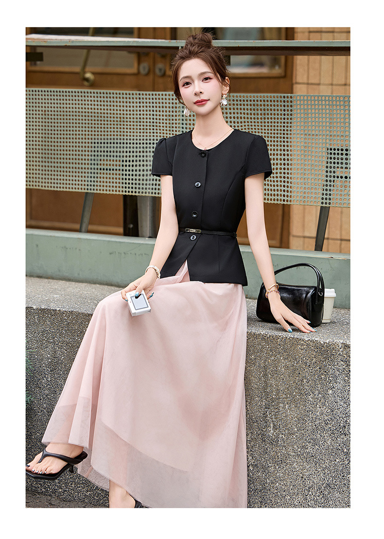 Bộ váy hai mảnh nữ cổ V thắt dây eo, áo sơ mi phối chân váy midi — màu đen chi tiết 13