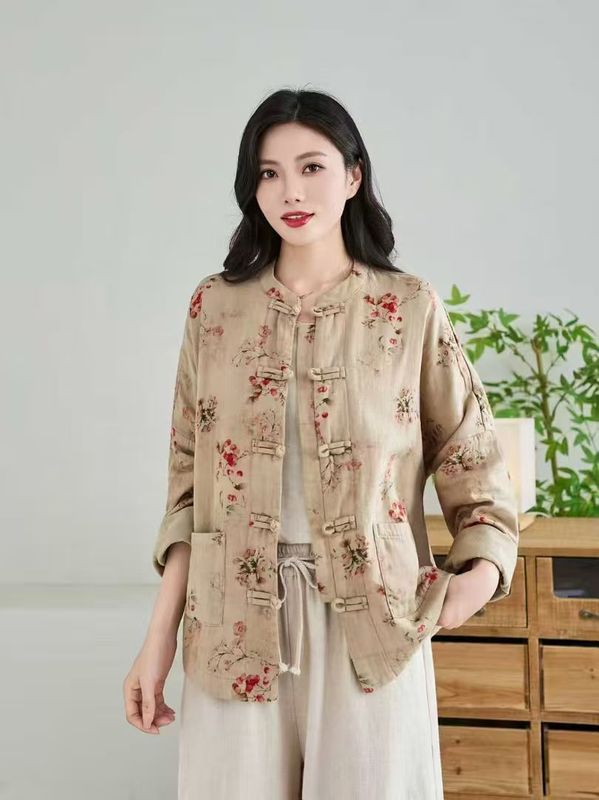 古咖服饰复古印花盘扣外套女式秋季立领宽松休闲时尚气质茶服开衫|undefined