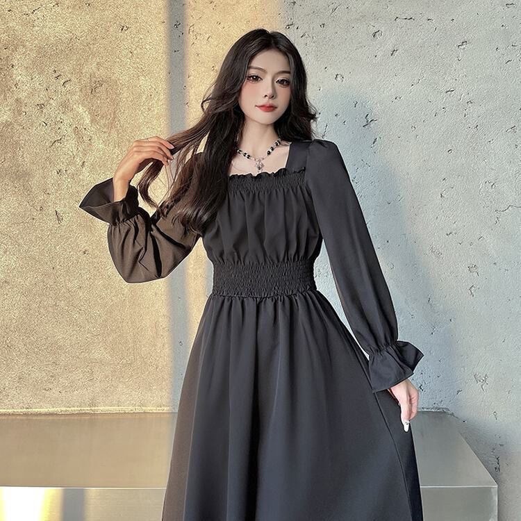 Spring and Summer Dresses, Black Dresses, A-Line Dresses for Pear-Shaped Body Types, Long-Sleeved Maxi Dresses, Hepburn-Style Little Black Dresses with Cinched Waist