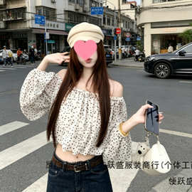 法式气质甜辣妹设计感一字肩波点短款长袖衬衫女上衣图片色东南亚