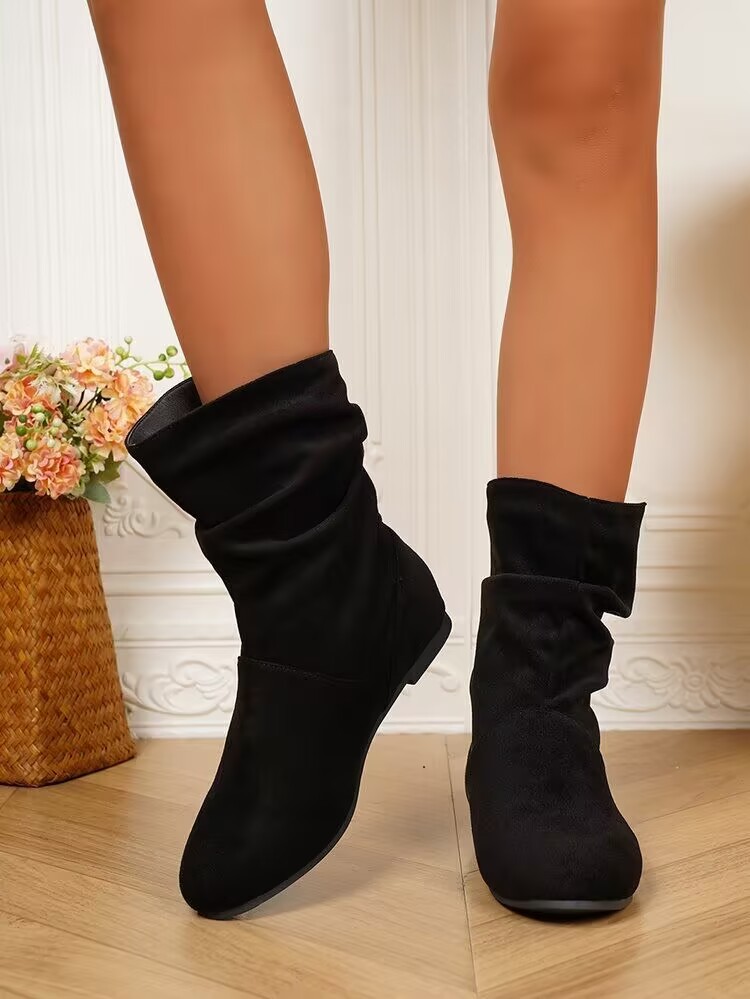 Women's Pleated Slouch Boots Round Toe Suede Retro Style Winter_voghion.com