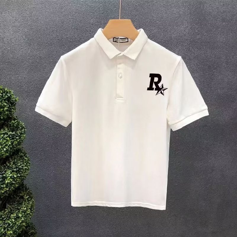 Verano 2023 camisa de Polo para hombre verano estampado de estrellas suelta estilo Hong Kong versátil estudiante casual cuello redondo camisa de manga corta blanco