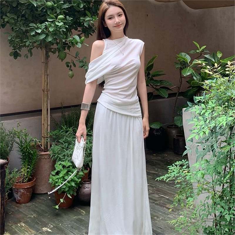 高級気質スーツ フェイクツーピース スプライスオフショルダーTシャツ 夏ドレープスカート Aラインロングスカート レディース2点セット|undefined