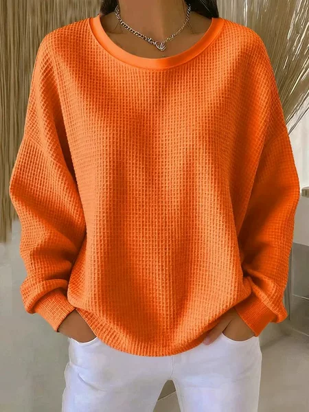 European and American Cross-Border Amazon Foreign Trade Women's Long-Sleeved Sweatshirt, Round Neck, Solid Color, Waffle Pattern, Pullover, Patchwork Long-Sleeved Sweatshirt