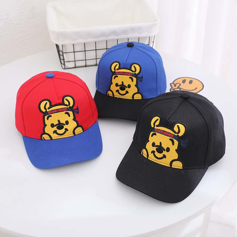 春秋新款兒童帽子韓版卡通寶寶拼色鴨舌帽小熊維尼刺繡棒球帽批發