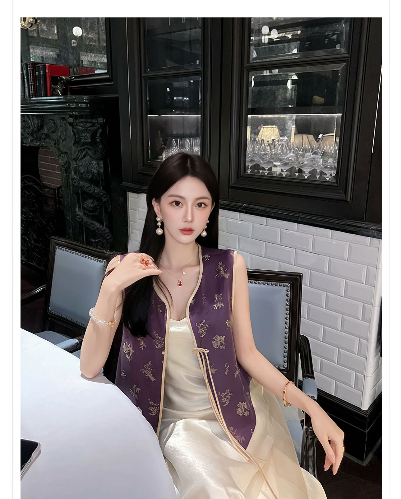Áo gile nữ phong cách quốc phong phối ren hoa văn vải satin — màu tím chi tiết 2