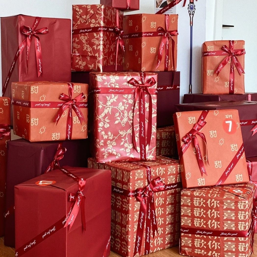 婚礼盲盒礼品包装喜庆红色礼盒礼品纸结婚婚庆相框花束风之禾