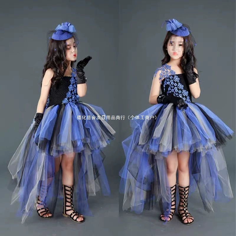 Детское платье принцессы, пышное платье для выступления на фортепиано, платье ведущей, черное платье для подиума для девочек