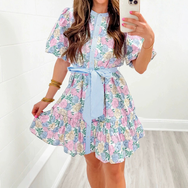 2026 Summer New Cross-Border Style European and American Floral Print Tie-Waist Full-Length Slimming Puff Sleeve Dress
