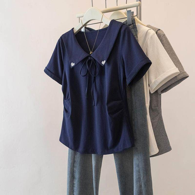 Summer New Style Large Size Fashionable and Age-Reducing Short-Sleeved Shirt with Lapel and Tie Design for Women Summer New Style Large Size Fashionable and Age-Reducing Short-Sleeved Shirt with Lapel and Tie Design for Women
