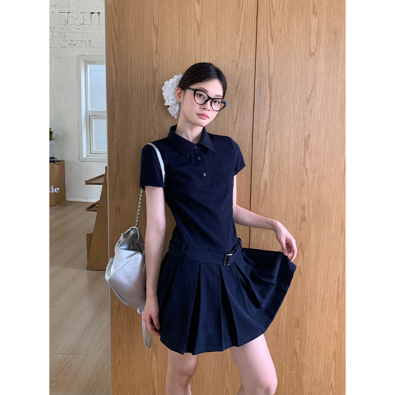 宋正恩学院风polo领连衣裙女夏季高腰小个子高级绝美a字百褶短裙|undefined