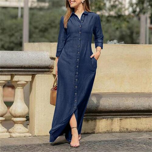 2025 European and American Women's Fashion Elegant, Stylish, Unisex Long-Sleeved Lapel Cardigan Solid-Color Long Denim Dress
