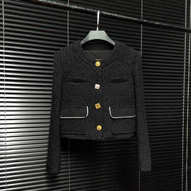 小香风圆领长袖高级感设计感气质短款黑色外套A60594