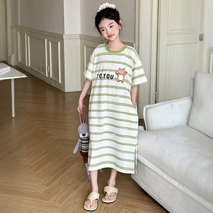 Girls Short-Sleeved Nightgown Pure Cotton 2025 New Junior High School Girl Summer Pajamas Dress Kidsren's Thin Pajamas