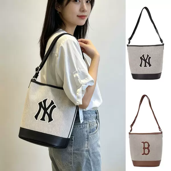 Korean MLB bucket bag, featuring classic NY embroidery, a versatile crossbody or shoulder bag, perfect for commuting, fashionable, lightweight, and with a large capacity