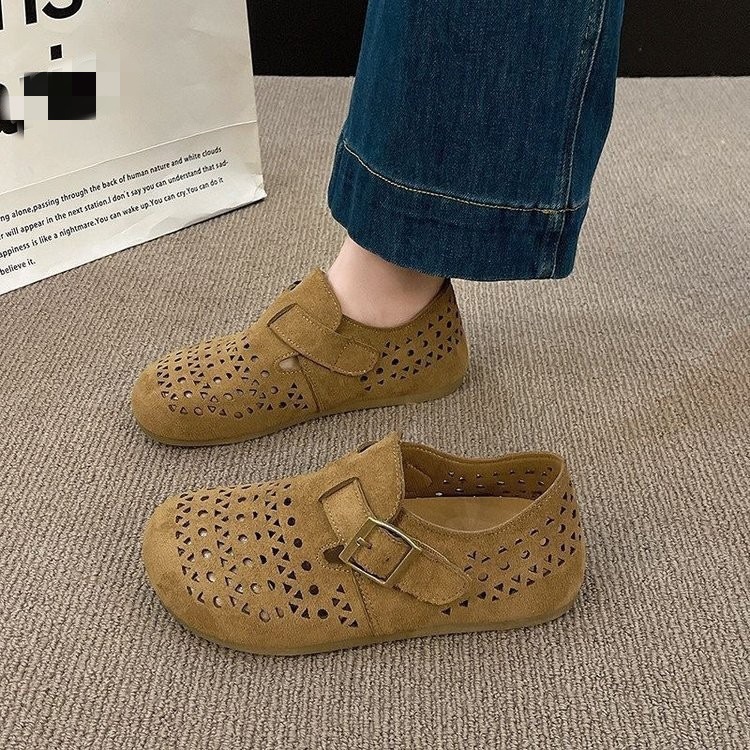Vintage hueco botones de verano para mujeres 2026 transpirables zapatos perezosos de suela suave con una sola zapata plana