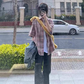 原版布料刺绣抖音质量复古撞色百搭宽松格子刺绣hiphop衬衫女