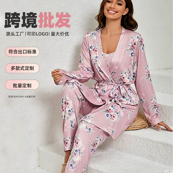 Cross-border Special for Pajamas Women's Cotton Nightgown Sling Nightgown Pants Three-piece Set Amazon European and American Autumn Home Clothes