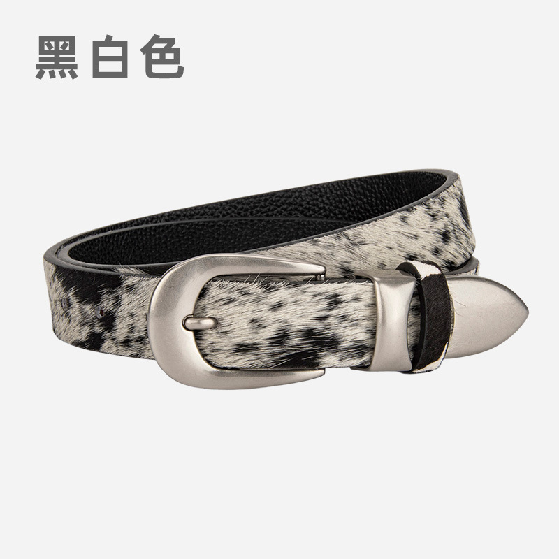 潮流复古头层牛皮腰带女士奶牛纹装饰牛仔裤带头层牛皮银扣皮带女|undefined