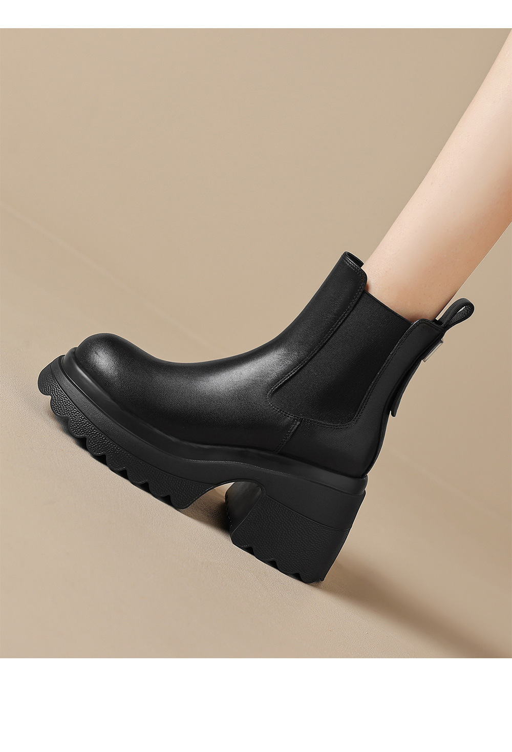 Boot Chelsea nữ da thật đế dày platform gót cao 9 cm mùa thu đông 2025 — Lớp lót đơn màu be, Lớp lót nhung đen, Lớp lót nhung màu be, Lớp lót đơn màu đen chi tiết 9