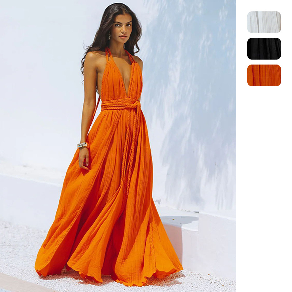 Independent website foreign trade European and American women's vacation cover-up sexy backless tie-up solid color dress with belt flared skirt 8046