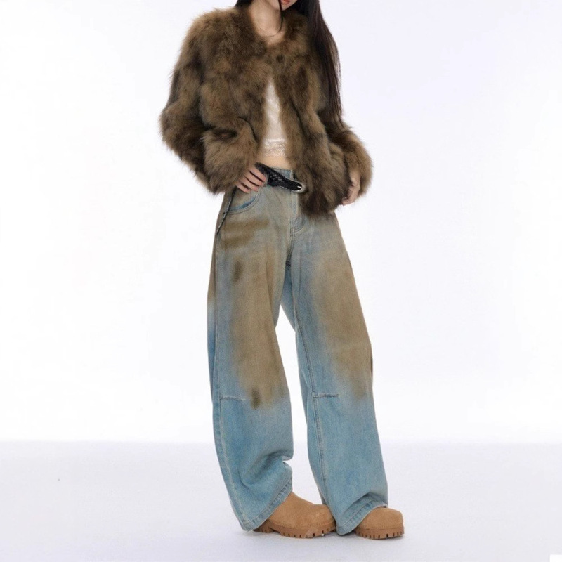 American Style Y2K Retro Dirty Wash Loose Fit Distressed Wide Leg Jeans Women's Straight Long Pants Women Jeans Retro Blue