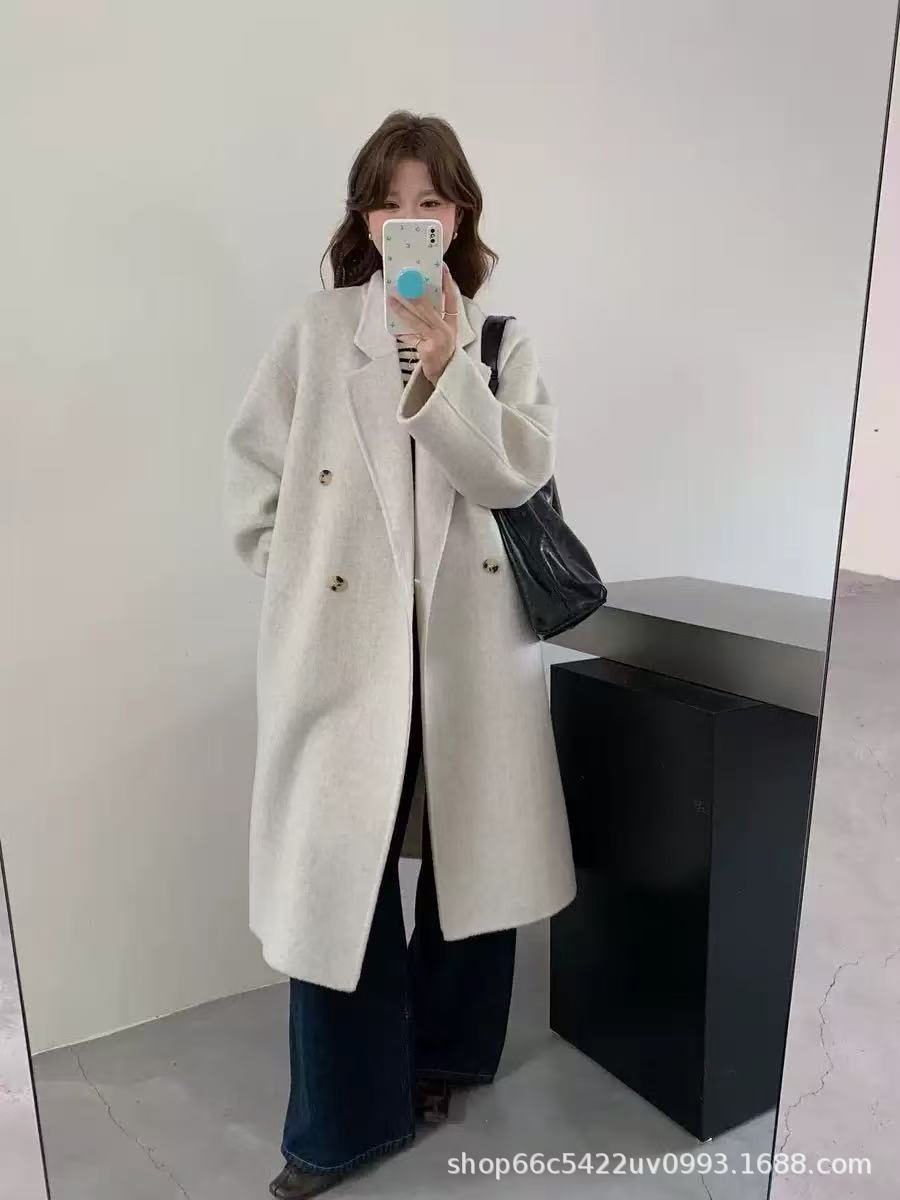 【背の高いベビーキャメルヘア】韓国通勤両面ウールコート ダブルブレスト シンプル 高級ウールコート レディース