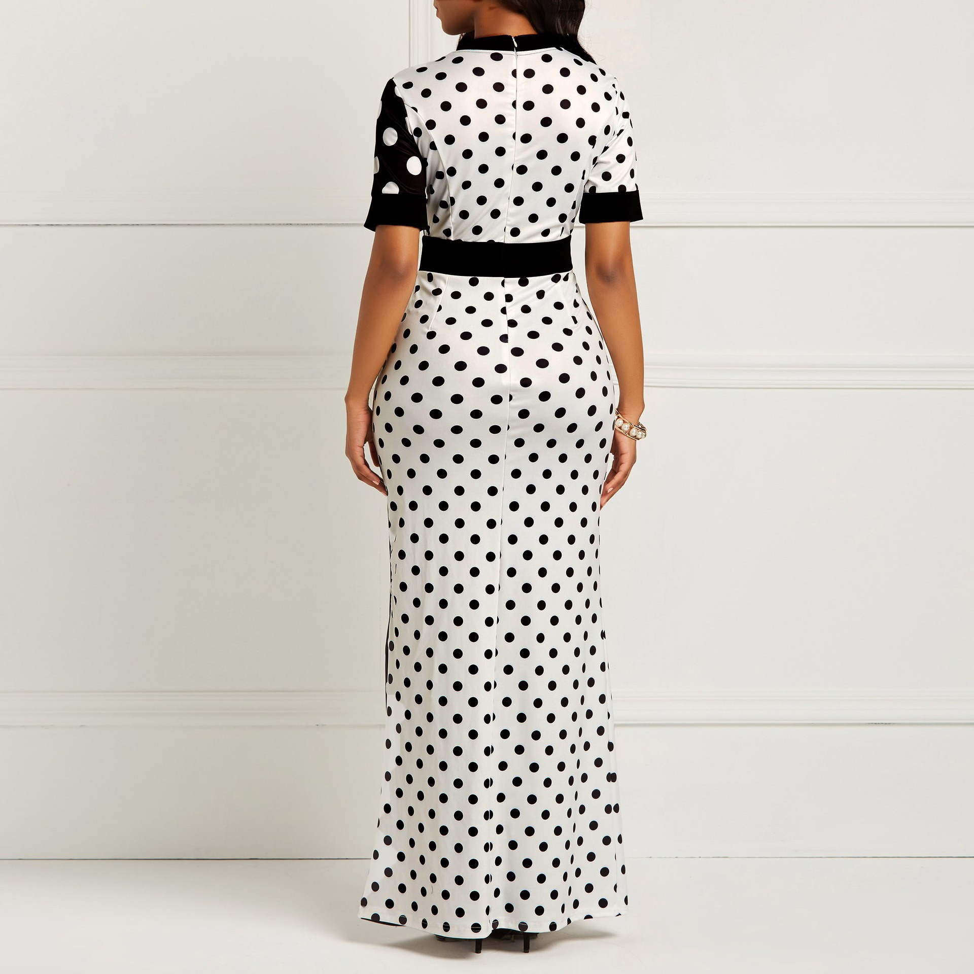 European and American new cross-border new polka dot dress for women black and white polka dot patchwork waist slimming dress_mkmklike.com
