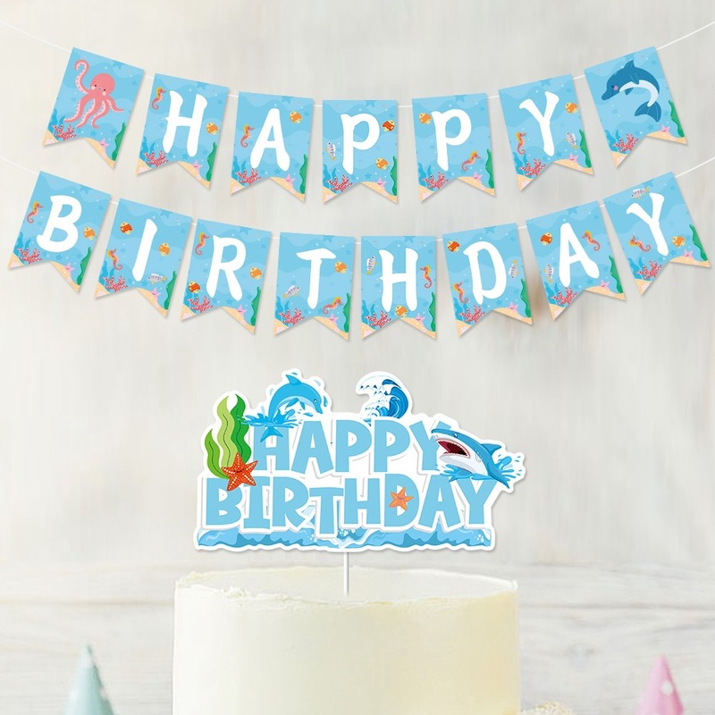 国境を越えた新しい水中誕生日フラッグセット誕生日パーティーの装飾バナー海のテーマケーキインサート|undefined