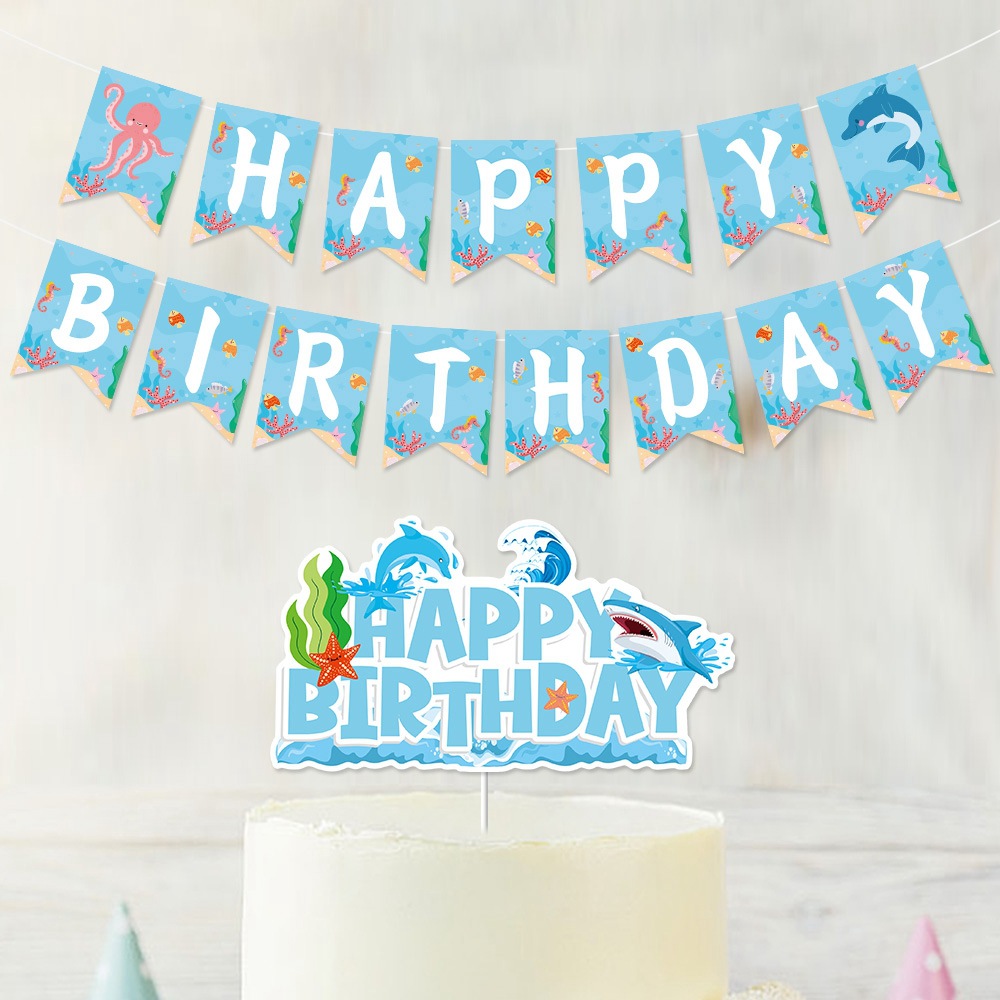 Nuevo conjunto de bandera de cumpleaños submarino transfronterizo, pancarta de decoración de fiesta de cumpleaños temática marina